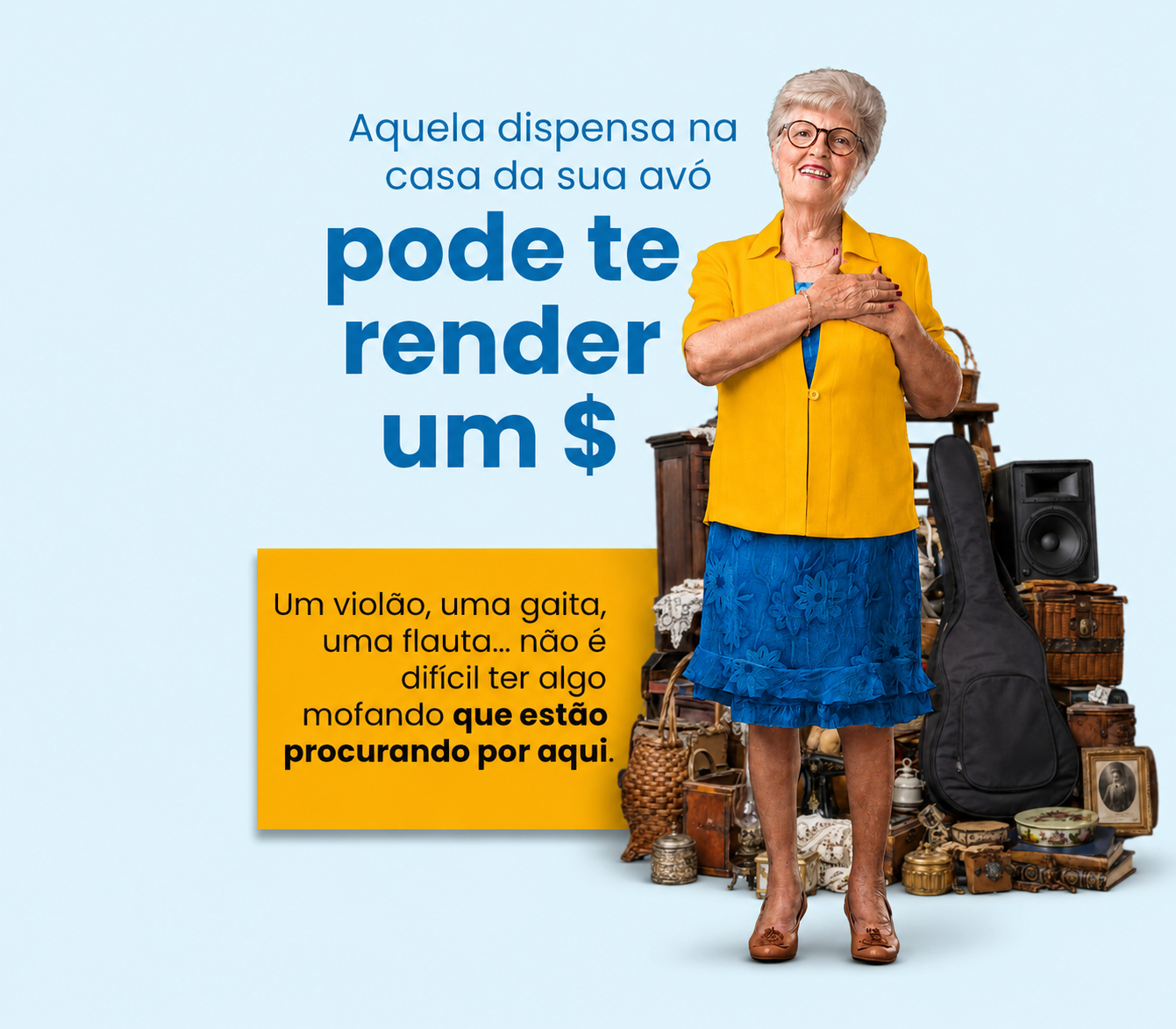 Mulher anunciando instrumentos e objetos que não utiliza mais